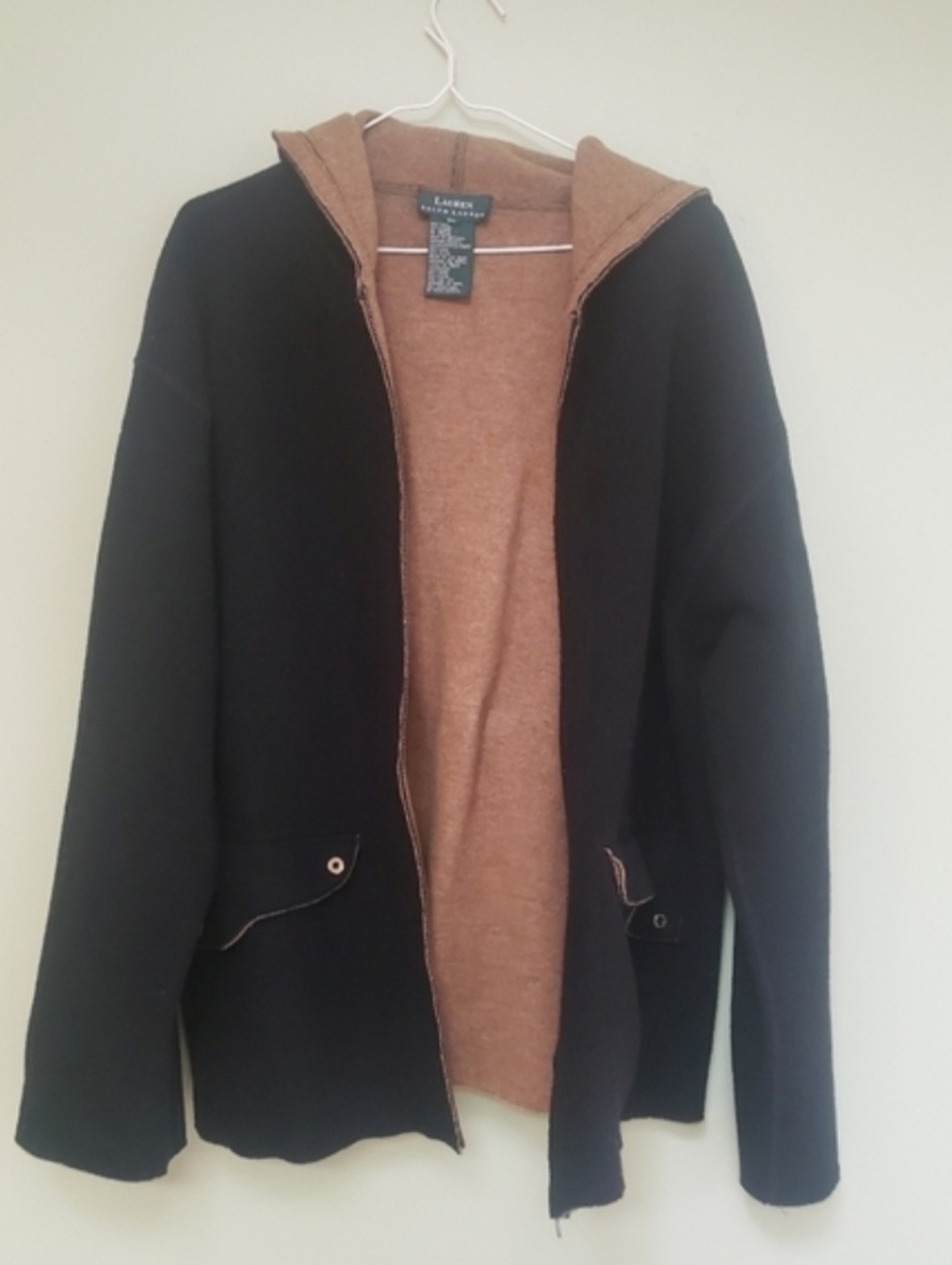 Lauren by Ralph Lauren Black Wool Jacket with Camel Interior & Hood - GUC